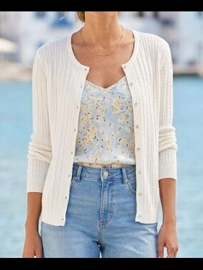 Tabi Classic Cream Cable-Knit Button Cardigan (Sz M) Preppy Nautical Capsule